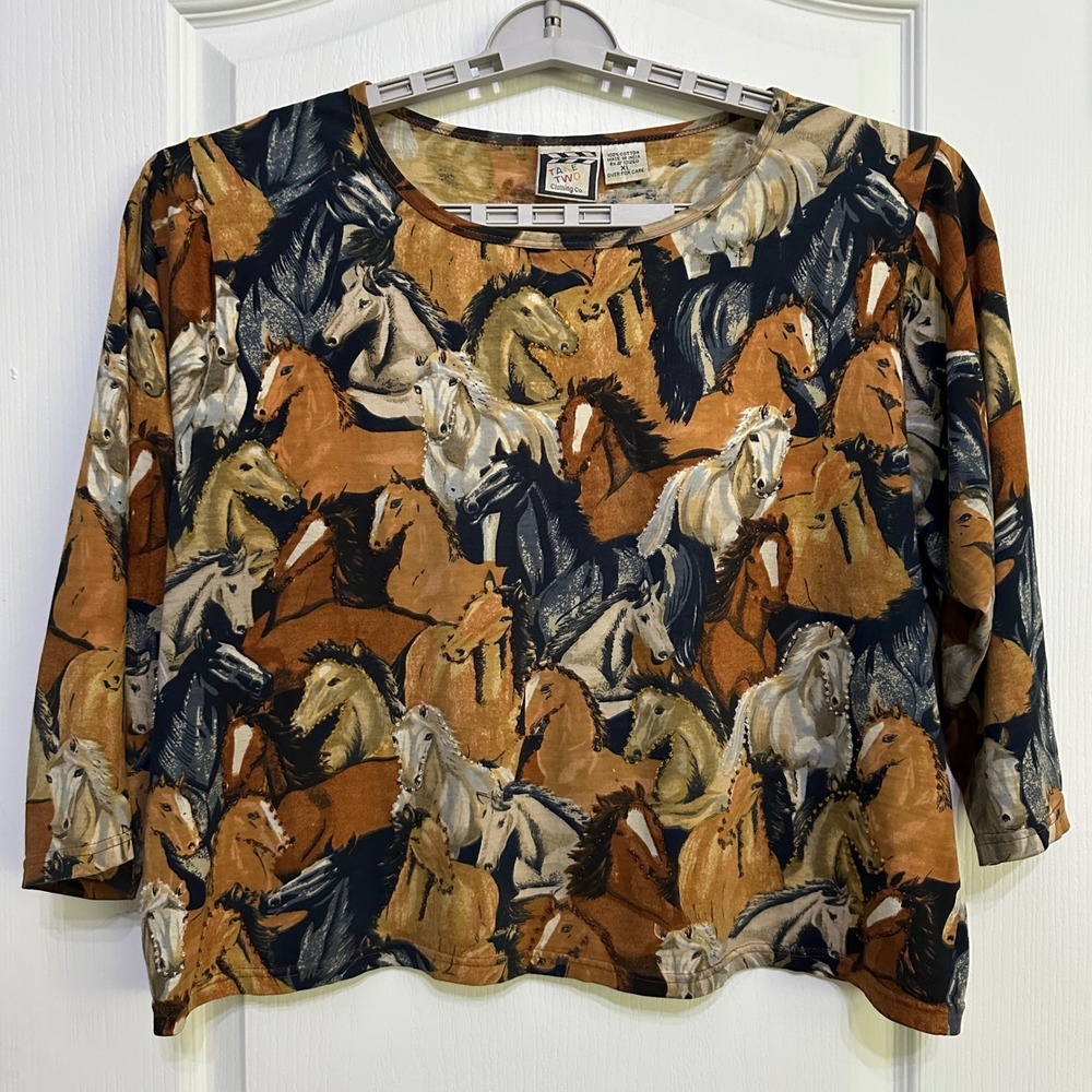 Vintage Take Two Horse All Over Print Beaded Top XL Boxy Relaxed Western Boho